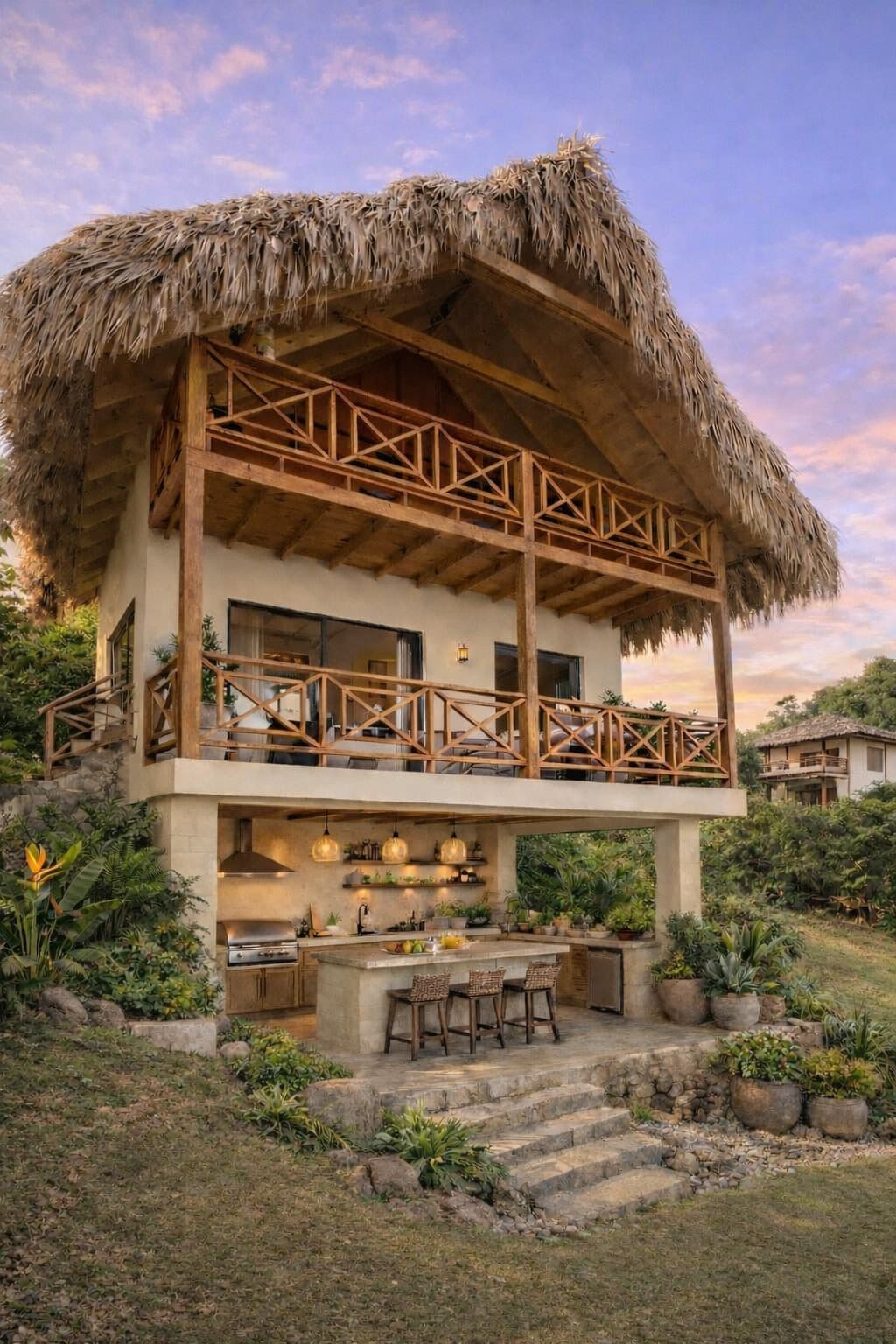 The thatched-roof retreat house at dusk, open to the hillside on every side