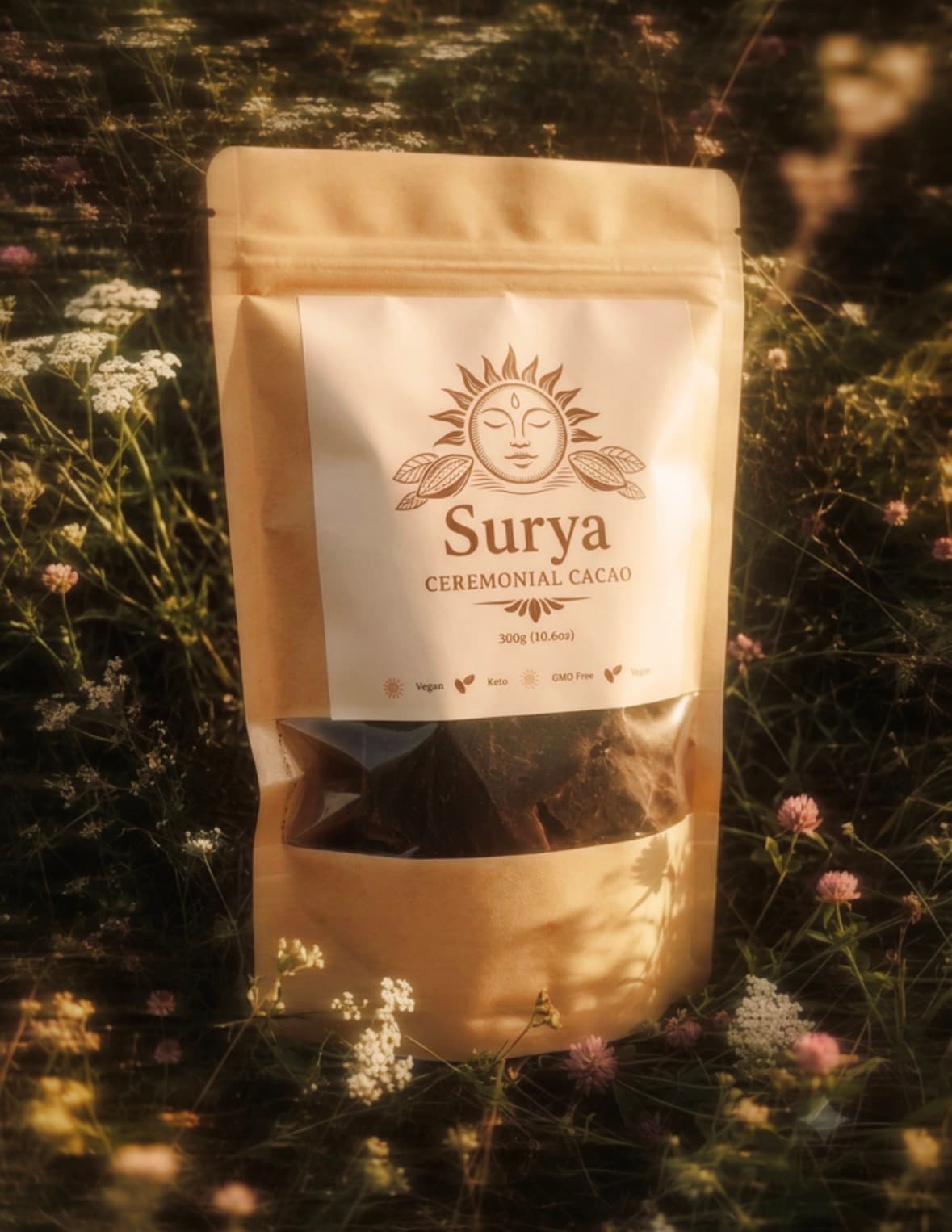 The kraft Surya Ceremonial Cacao pouch standing in a wildflower meadow at golden hour