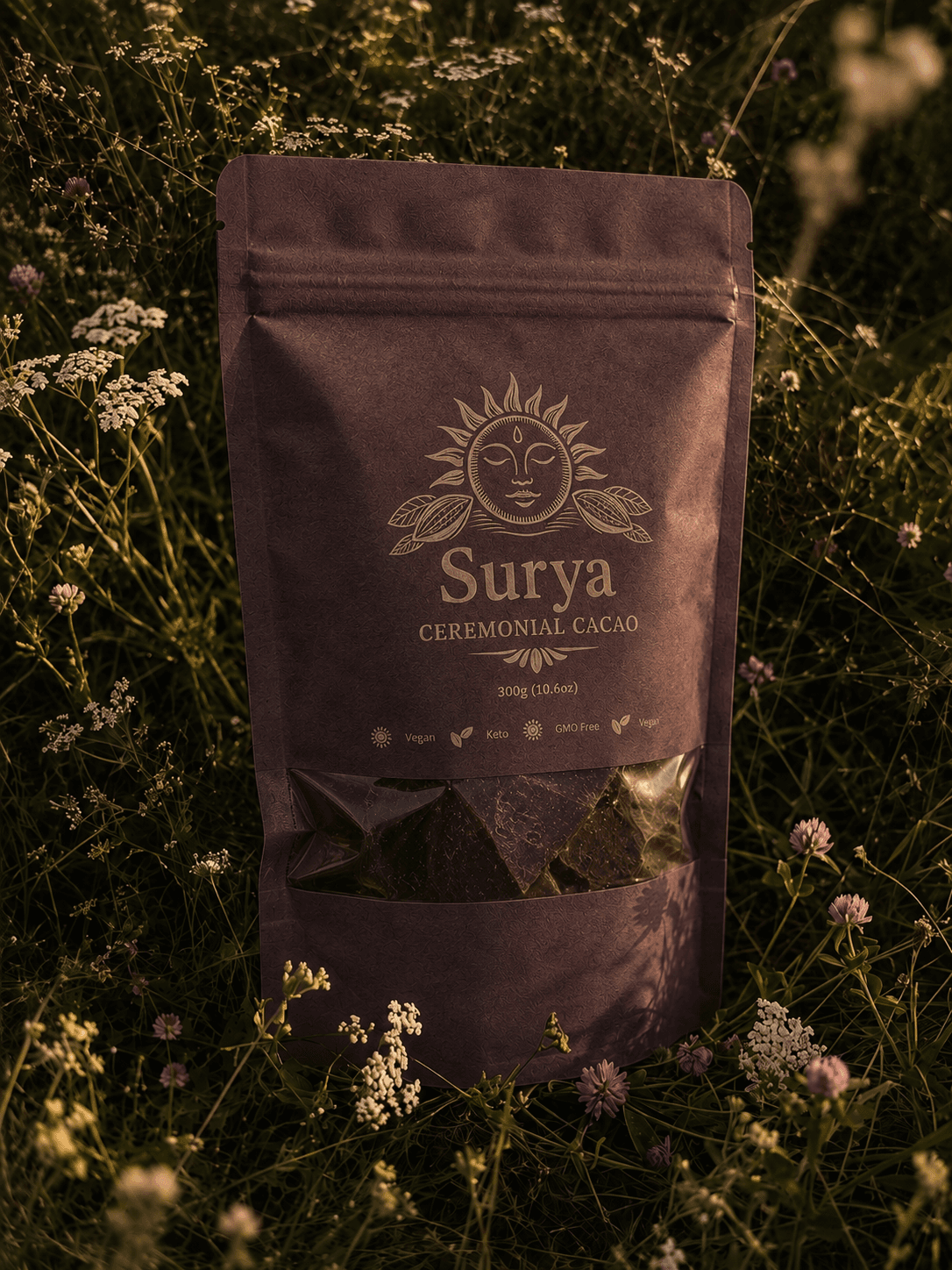 The aubergine Surya Ceremonial Cacao pouch in the same meadow, cacao paste visible through the window